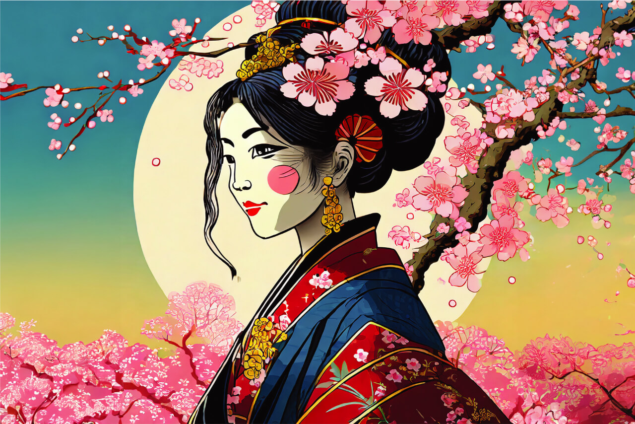 geisha with sakura branches